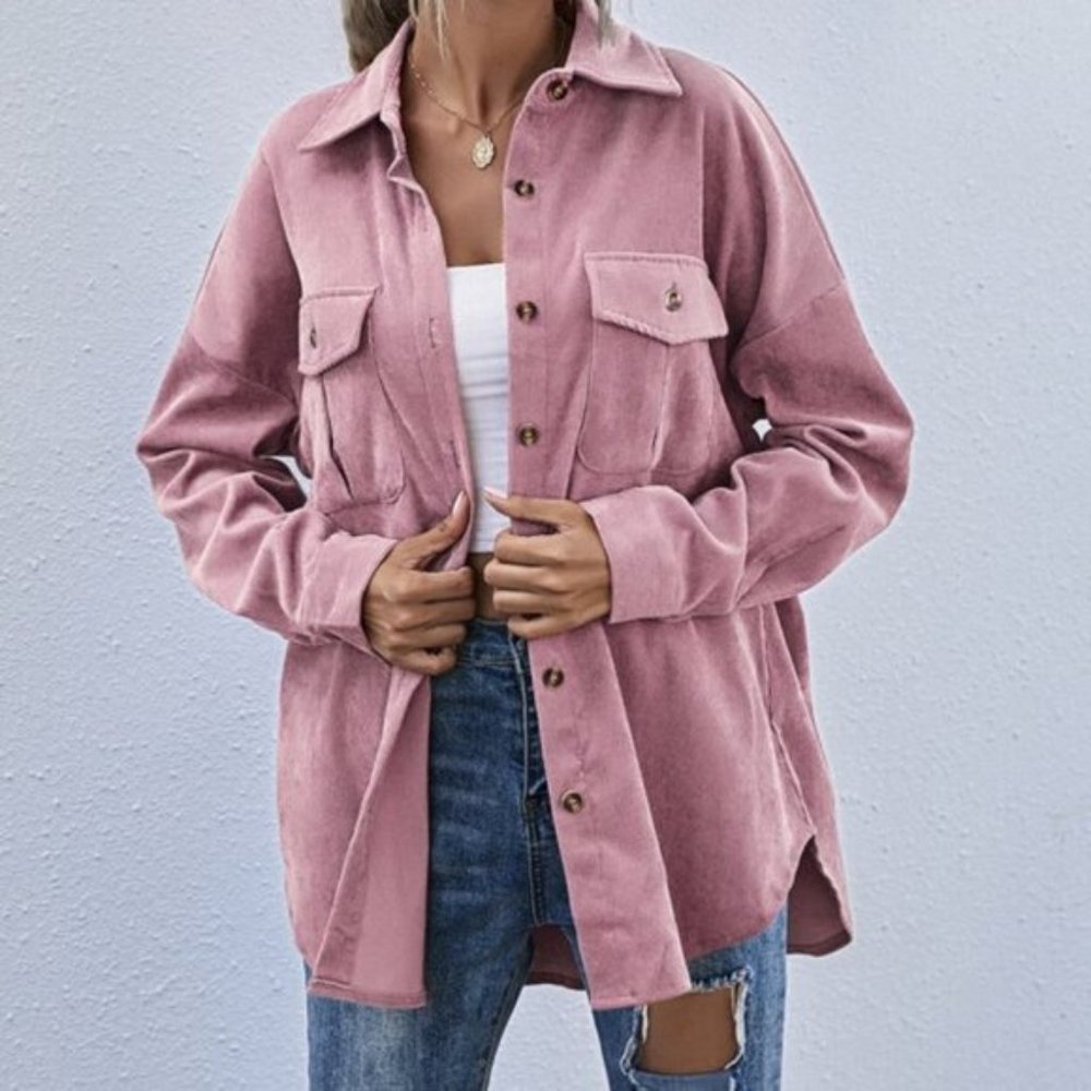 Pink Boyfriend oversized Button Front Corduroy sha - Picture 3 of 6